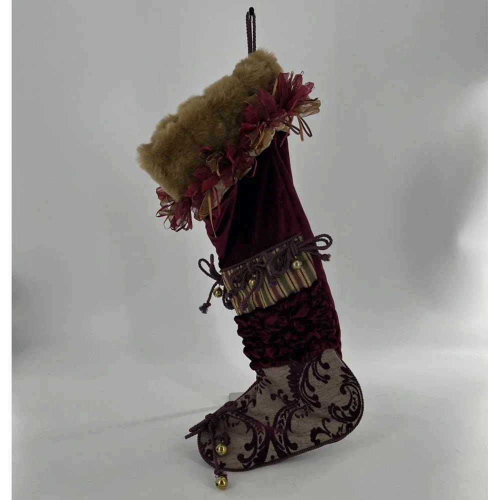 Victorian Luxury Christmas Stocking Fabric Brocade Velvet Faux Fur Ribbons Bells